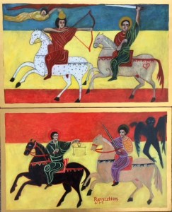 This is a diptych Icon of the Four Horsemen of the Apocalypse by Christine Hales